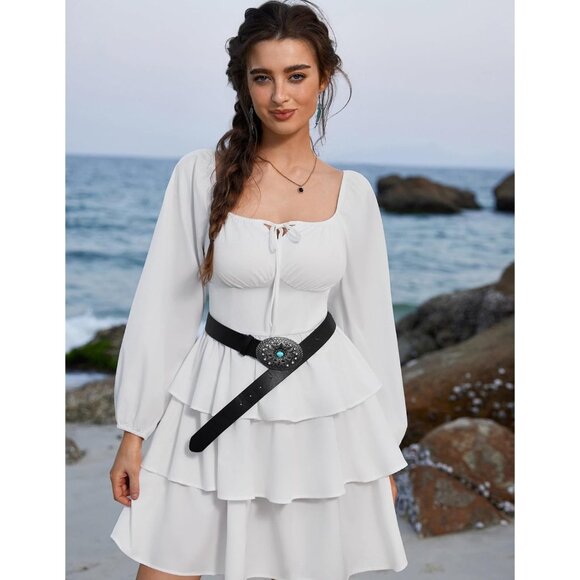 Woman's Black Western Leather Belts Cowgirl Concho Belt With Turquoise Buckle - Picture 3 of 6